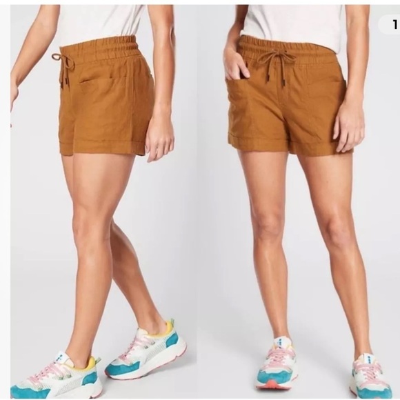 NWT Athleta Cabo Linen Textured 4" Shorts with Pockets in Tan/Rust/Cinnamon - 24 - Picture 1 of 11